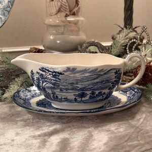 Liberty Blue and White Scenic Gravy Boat and Dish Made in England